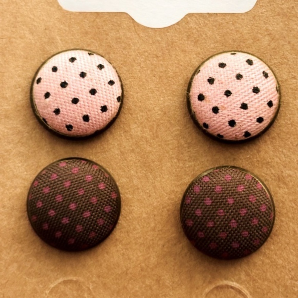 2 Pairs Polka Dot Fabric Button 12mm Stud Earrings, Handmade, NWT